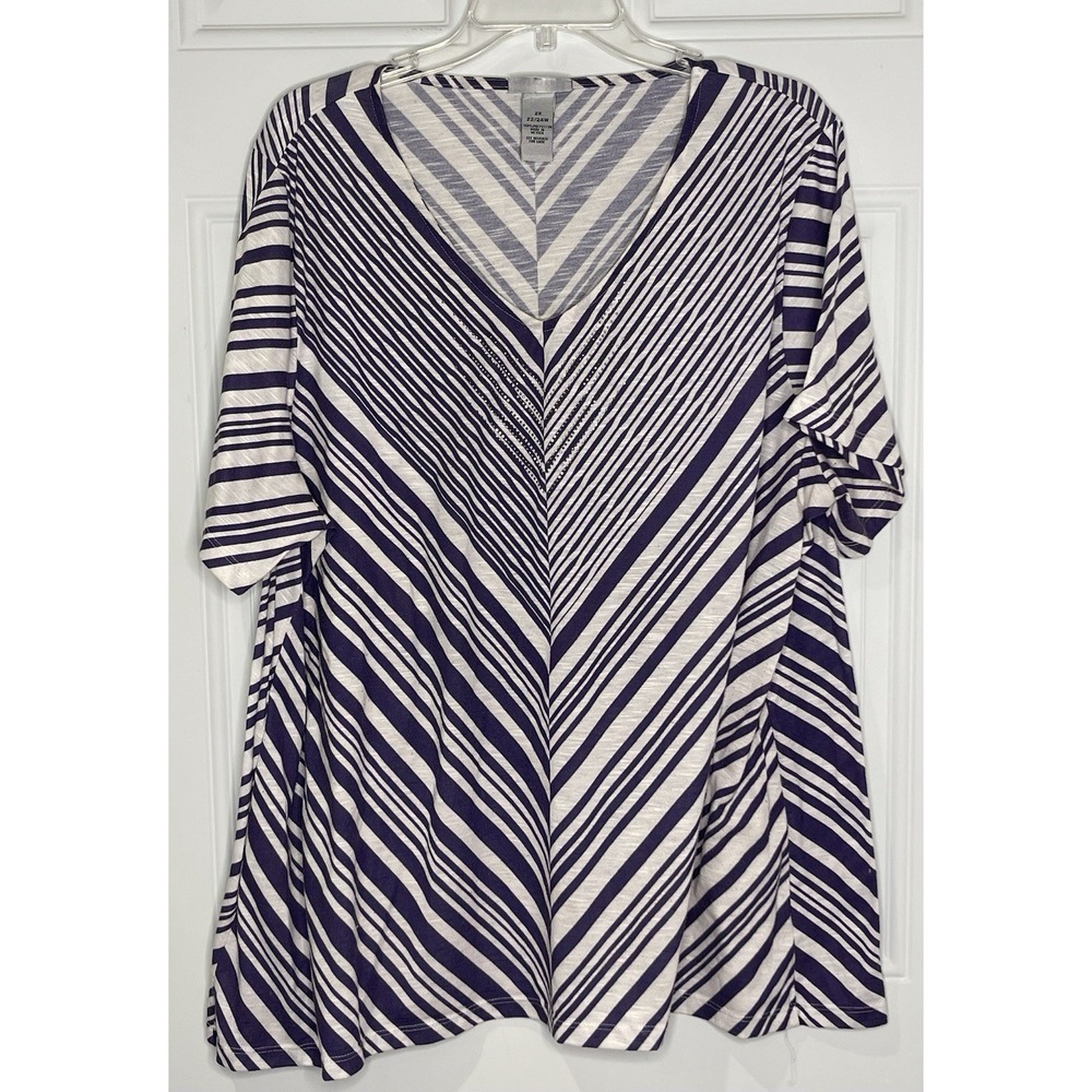 Catherines Women's 2X 22/24 W Purple White Striped V Neck Tunic Top Beaded Neck
